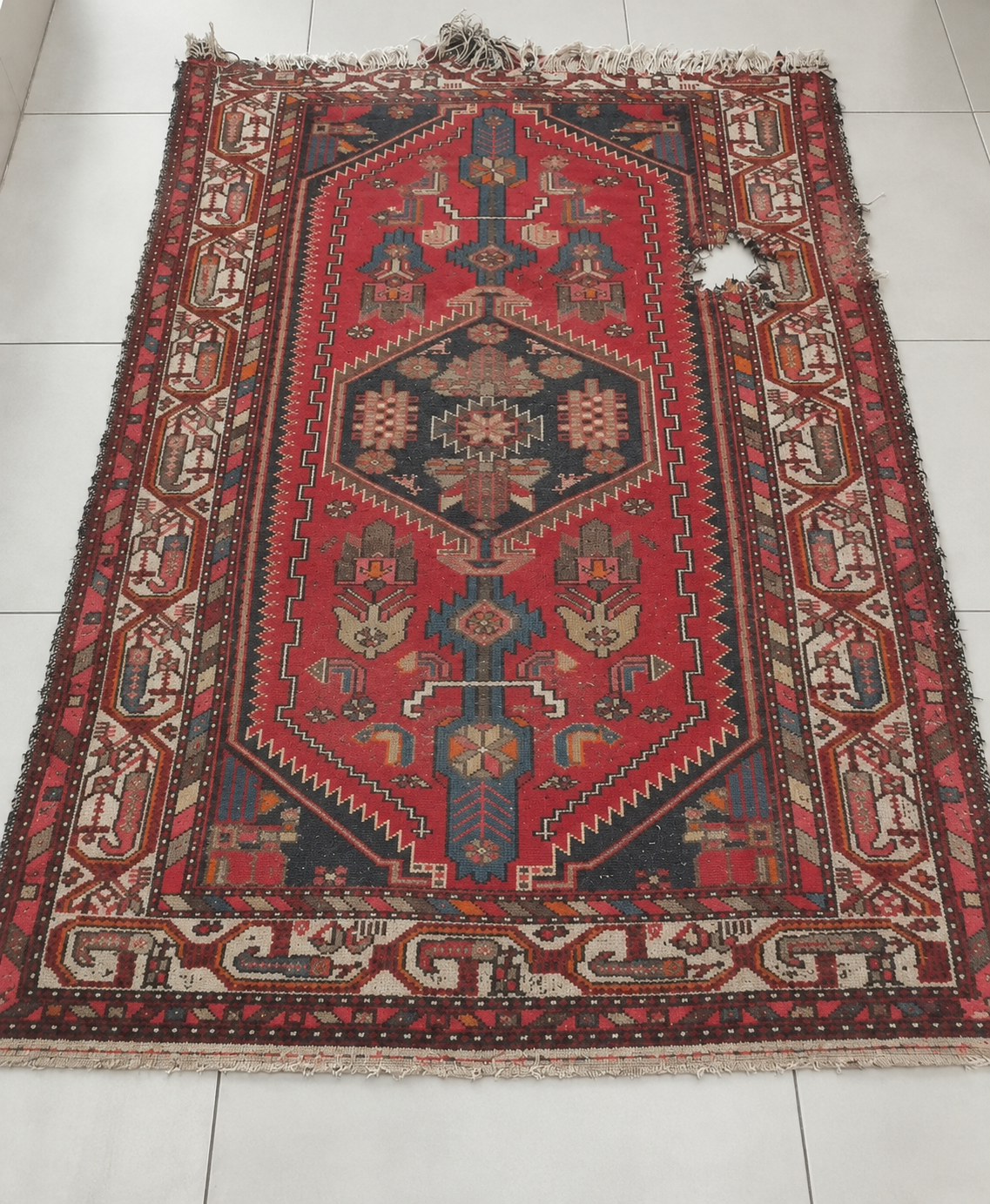 Full Persian carpet before restoration with a damaged area