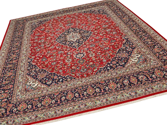 Cleaned Persian carpet with red and blue traditional pattern