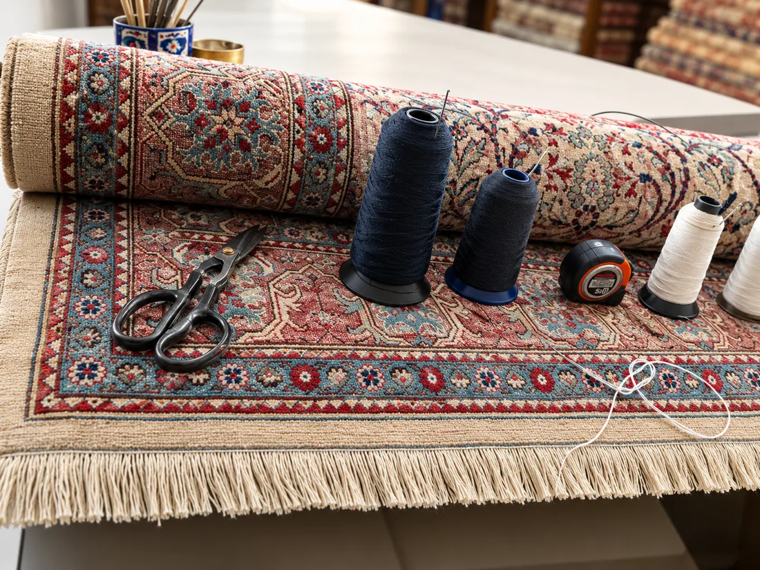 Persian carpet restoration workshop showing traditional repair work